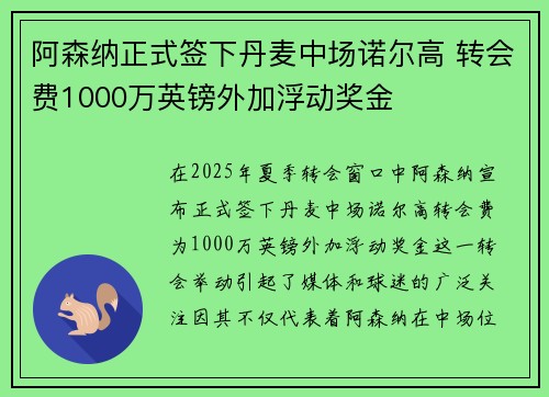 阿森纳正式签下丹麦中场诺尔高 转会费1000万英镑外加浮动奖金