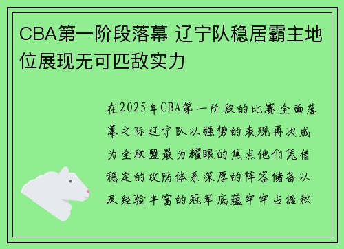 CBA第一阶段落幕 辽宁队稳居霸主地位展现无可匹敌实力